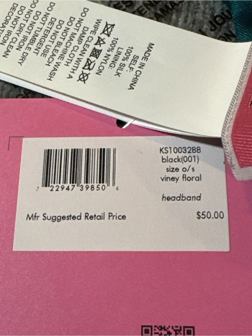 kate spade NIP Black Floral SILK  Headband with Teal & Pink Accents